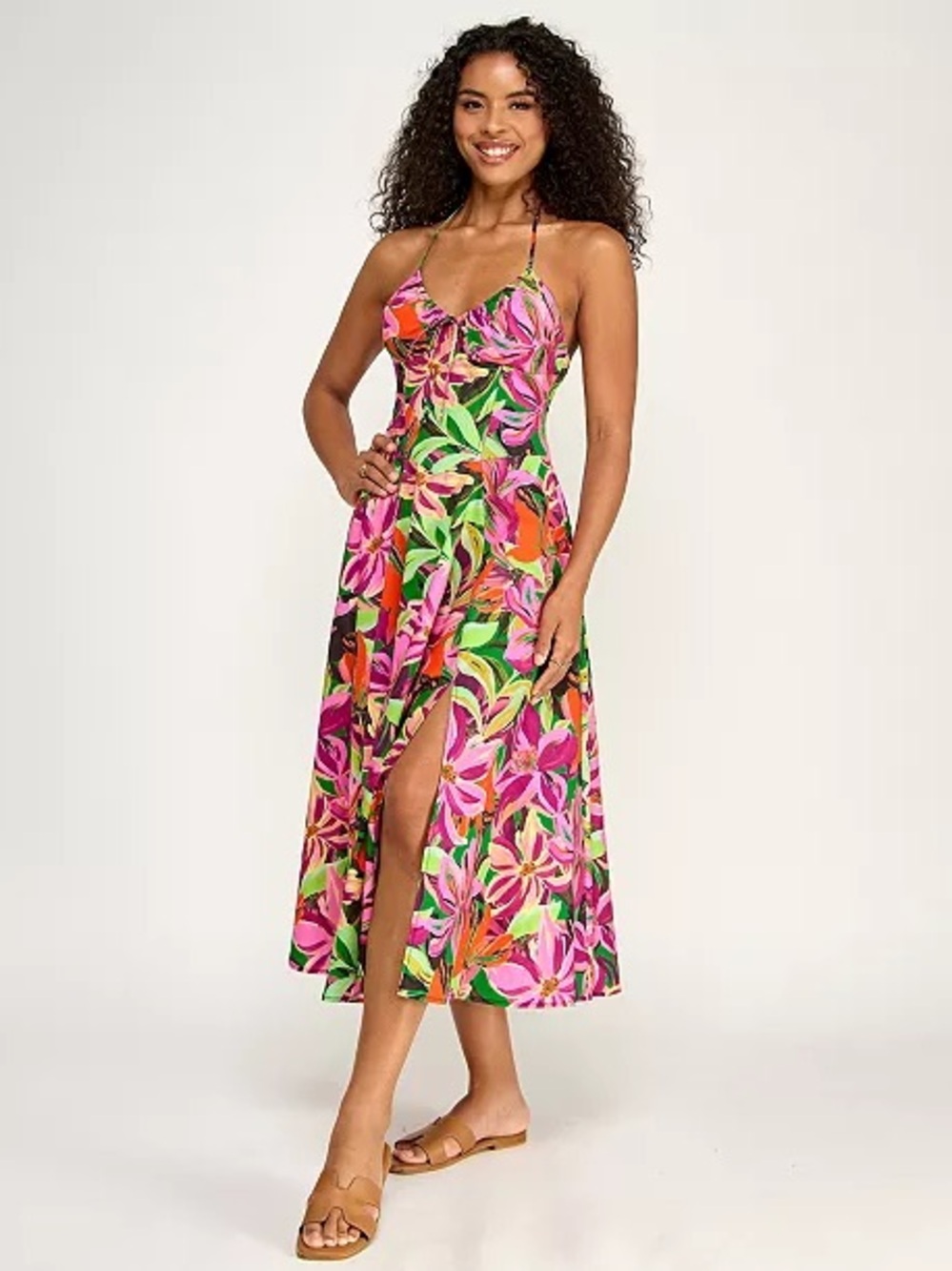 Tropical Floral Halter Midi Dress in Pink & Green